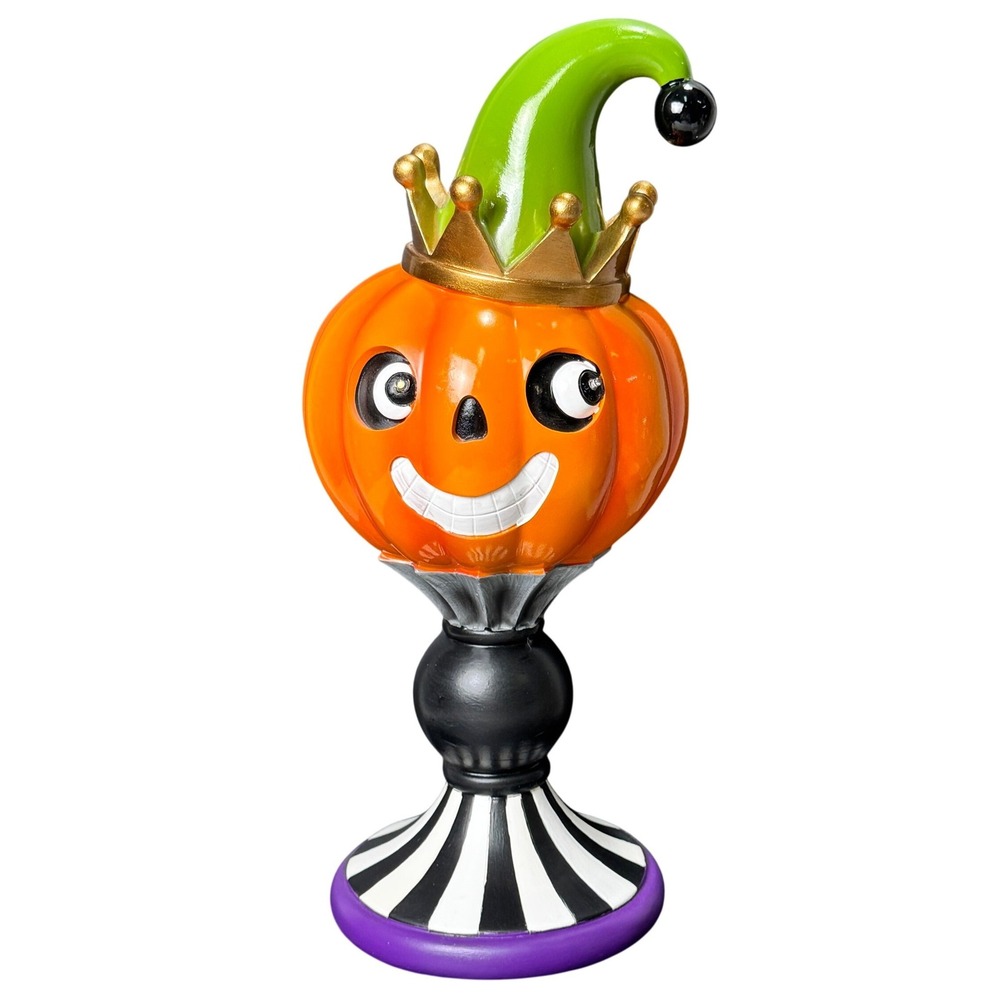 Halloween Pumpkin Jester Light Up Jack O Lantern Pedestal Figurine Whimsy Retro